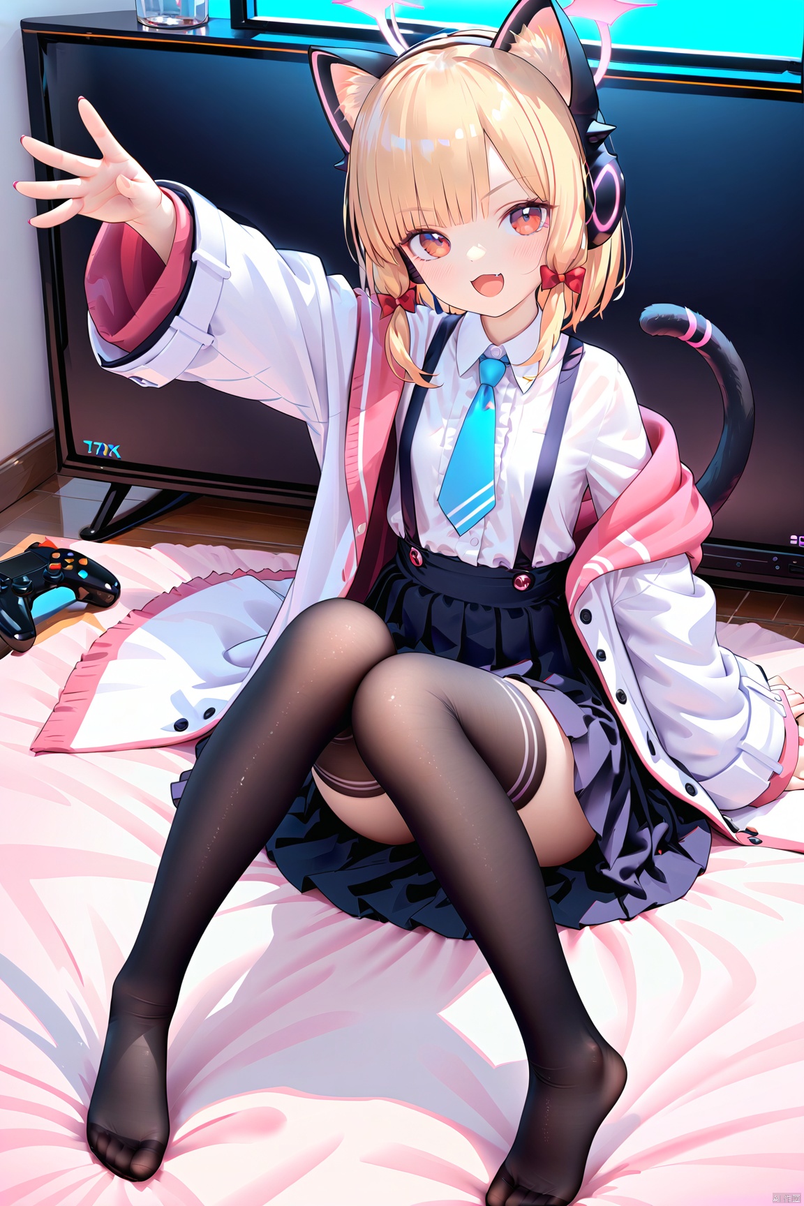  1girl,(masterpiece:1.3),( beautiful:1.2),(high quality:1.2),(finely detailed:1.2),extremely detailed CG unity 8k wallpaper,best quality,a very delicate and beautiful, (one cute girl at the center:1.2), smile,

short hair, bangs, skirt, blonde hair,shirt, red eyes, thighhighs, long sleeves, bow, animal ears, sitting, jacket, tail, white shirt, hair bow, pleated skirt, necktie, fang, collared shirt, black thighhighs, cat ears, black skirt, pink eyes, off shoulder, red bow, cat tail, fake animal ears, headphones, halo, white jacket, suspenders, blue necktie, animal ear headphones, cat ear headphones, striped thighhighs, pink hood, momoi\(bluearchive\),  momoiBA,
looking at viewer,  open mouth,  lying,  indoors, on back, arm up, siblings,  no shoes, outstretched arm,  knees up,  on floor, controller, television, view_from_above,momoiMaid