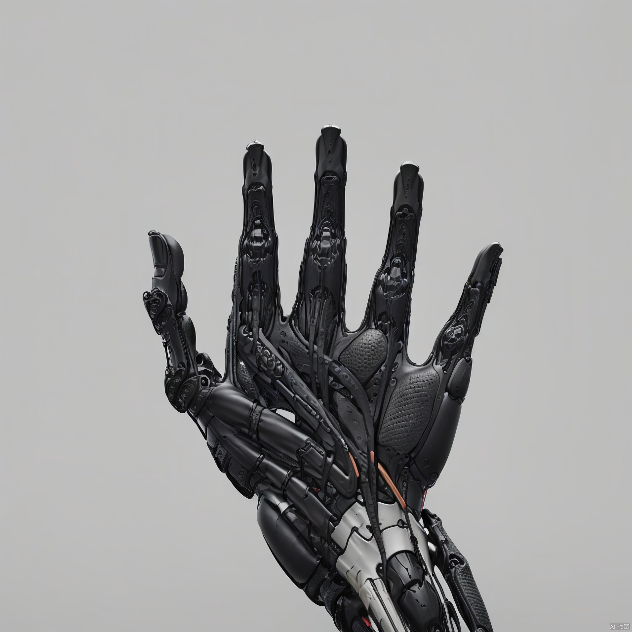  A black robot hand, bionic human bone,Carpal bones, metacarpals, phalanges simple background, white background, English text, logo,...