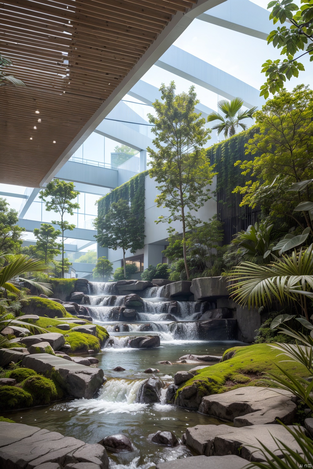 (best quality,4k,8k,highres,masterpiece:1.2), tropical plants,moss,COMMERCIALLANDSCAPE,indoors,future,