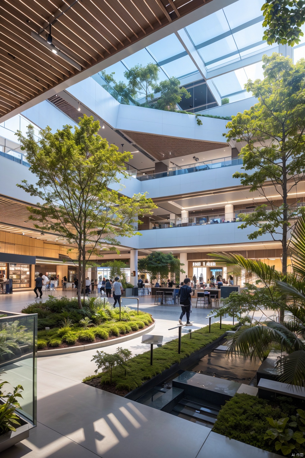 (best quality,4k,8k,highres,masterpiece:1.2), tropical plants,moss,COMMERCIALLANDSCAPE,indoors,future,modern commercial shoppingplace,香蕉树