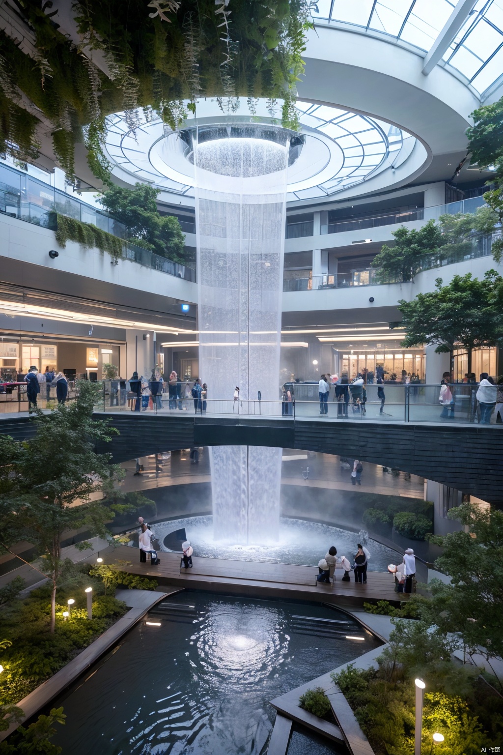  (best quality,4k,8k,highres,masterpiece:1.2), （glass roof：1.05）,waterfall,COMMERCIAL LANDSCAPE,indoors