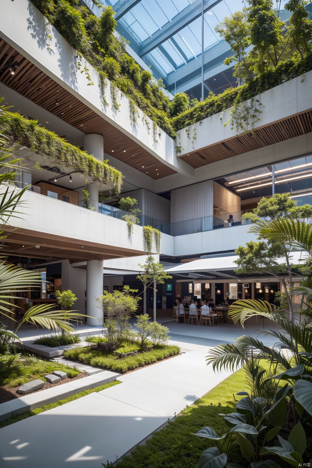 (best quality,4k,8k,highres,masterpiece:1.2), tropical plants,moss,COMMERCIALLANDSCAPE,indoors,future,modern commercial shopping place,香蕉树,
