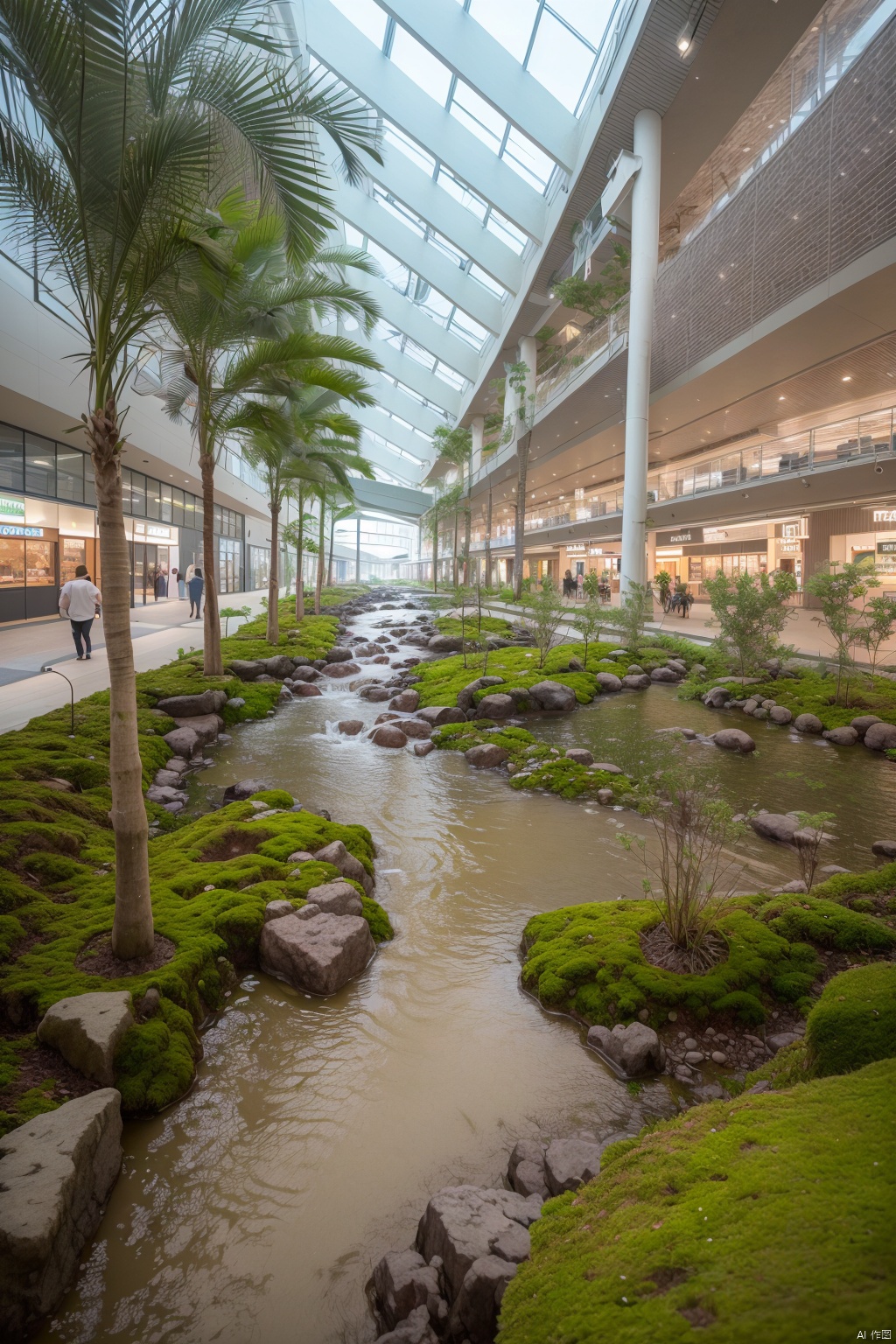 (best quality,4k,8k,highres,masterpiece:1.2), tropical plants,moss,COMMERCIALLANDSCAPE,indoors,future,modern commercial shopping place,