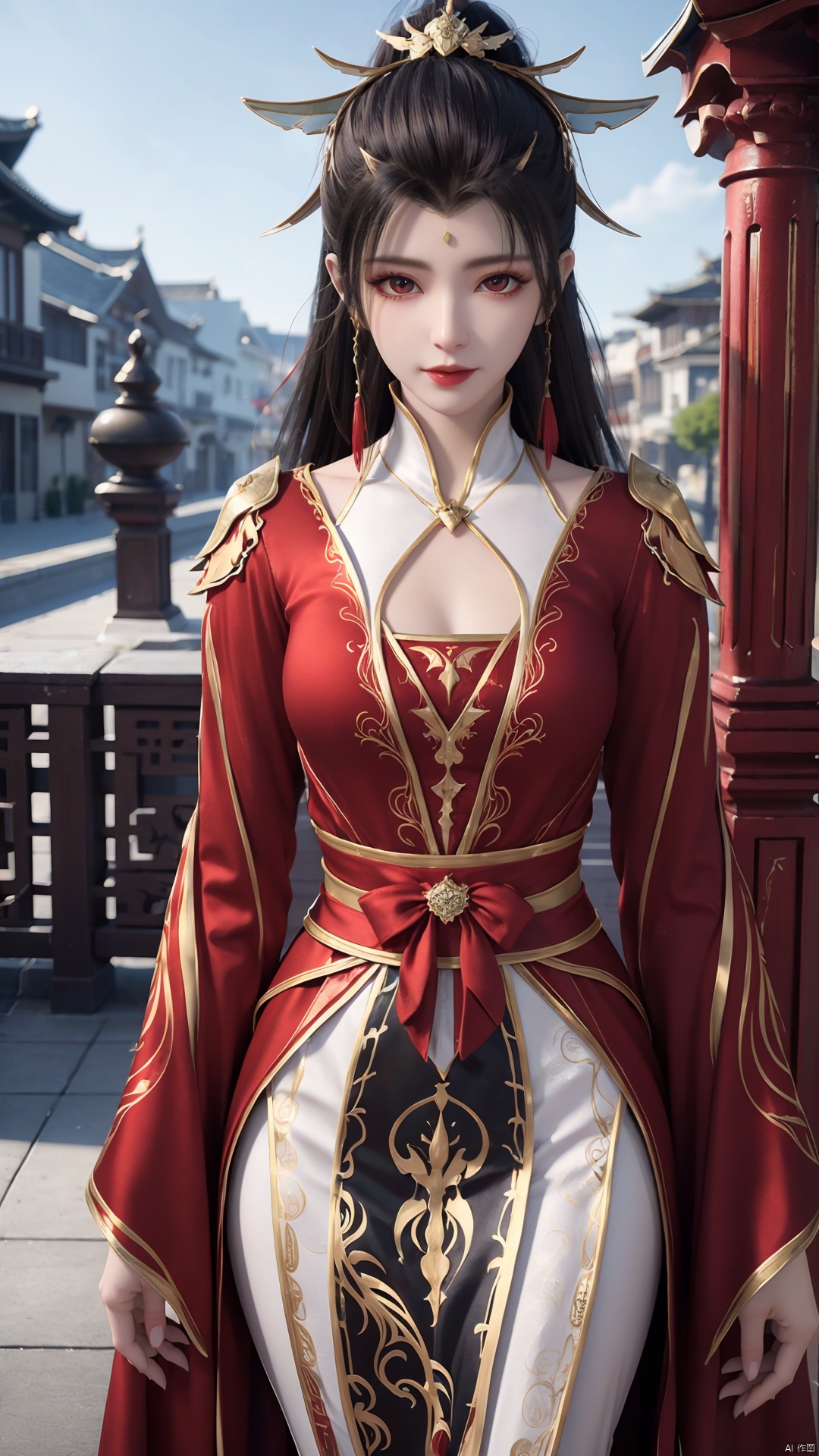 1girl, red dress, solo, hair ornament, black hair, chinese clothes, earrings, dress, jewelry, long sleeves, long hair, mischevious smile, perfect body, scenery, sharp focus, best quality, masterpiece, detailed outfit, illustration, perfect eyes, finely detailed beautiful anime eyes, realistic skin, intricate details, best lighting, depth of field, ultra high resolution,cowboy_shot, dynamic pose, dynamic angle,