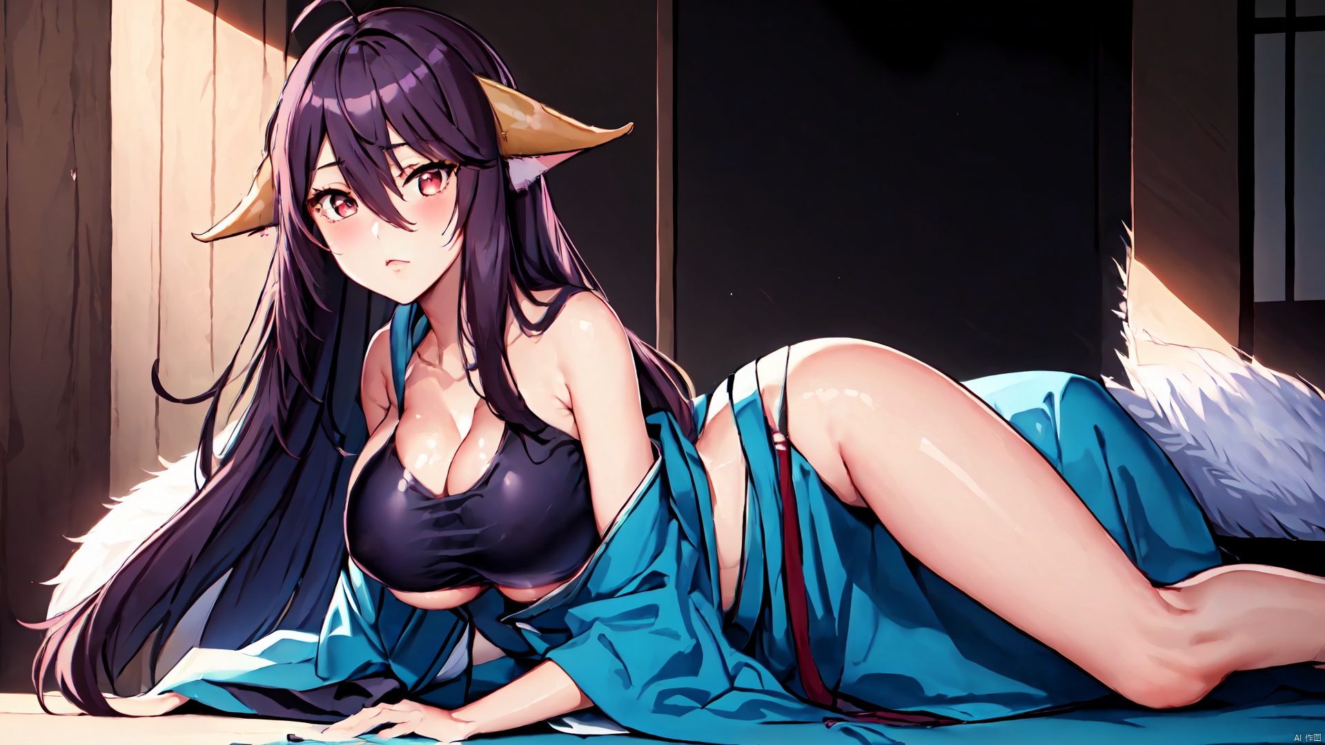 1tsstsyy,standing,(japanese clothes:1.4), red eyes,lying, blush,﻿((masterpiece)),((best quality)),ultra-detailed,illustratio,Explicit,Beautiful body,Beautiful Nose,Beautiful character design,perfect eyes,perfect face,wallpaper,ultra highres,4K,photography,(Beautiful,normal breasts:1.2),(beautiful face:1.2),beautiful legs,perfect legs,shiny skin,official style,official arts,anime screencap,anime coloring,(tube top:1.5),laying