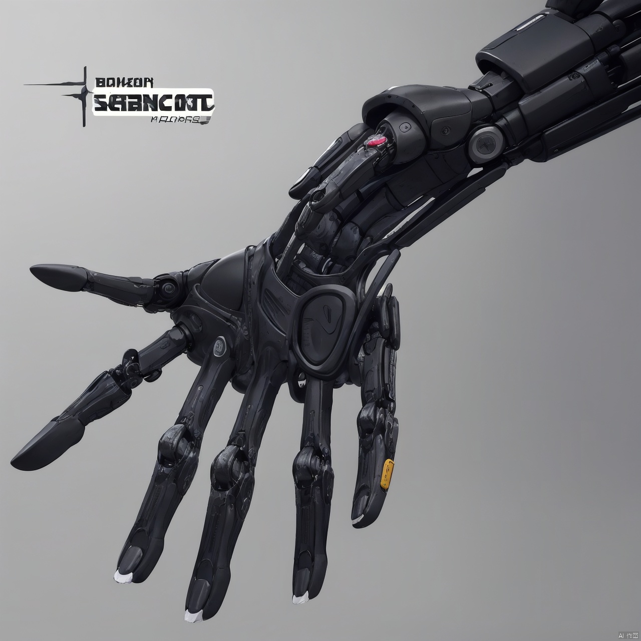  A black robot hand, bionic human bone,Carpal bones, metacarpals, phalanges simple background, white background, English text, logo,..., A robotic prosthesis