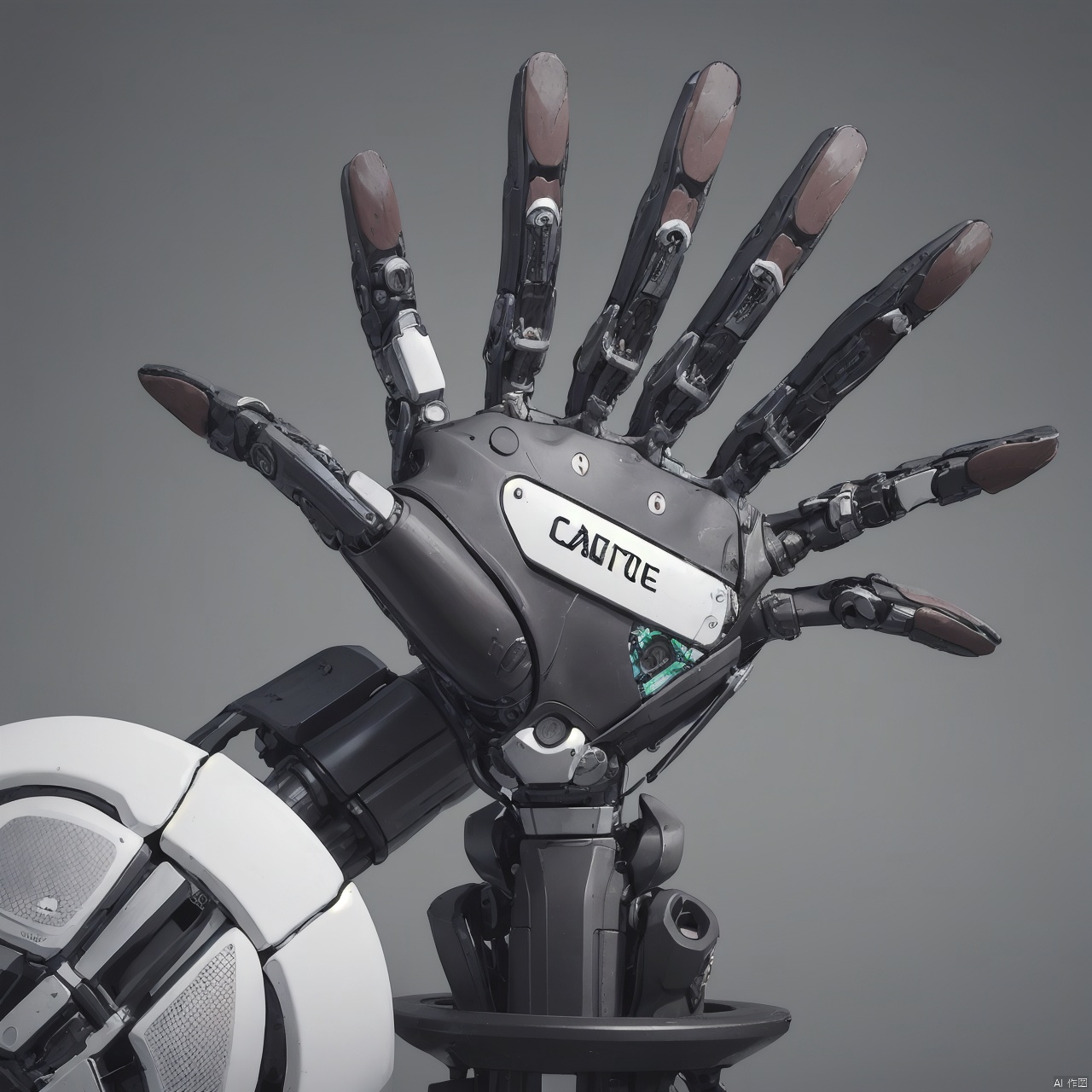  A black robot hand, bionic human bone,Carpal bones, metacarpals, phalanges simple background, white background, English text, logo,..., A robotic prosthesis