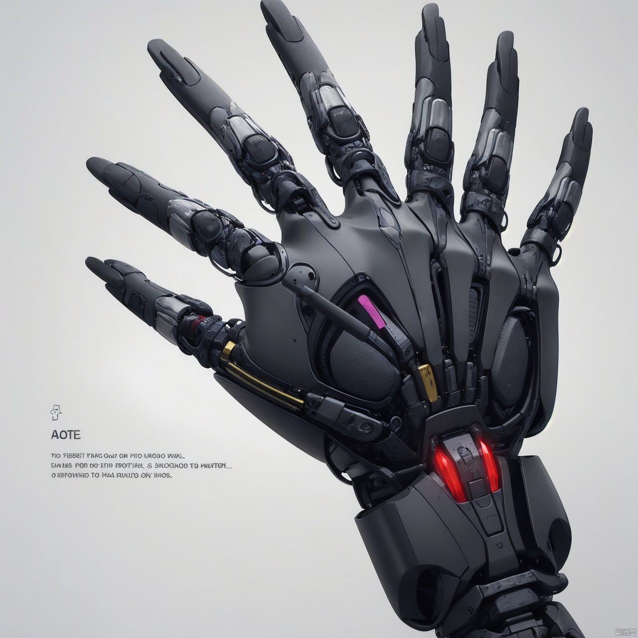  A black robot hand, bionic human bone,Carpal bones, metacarpals, phalanges simple background, white background, English text, logo,..., A robotic prosthesis