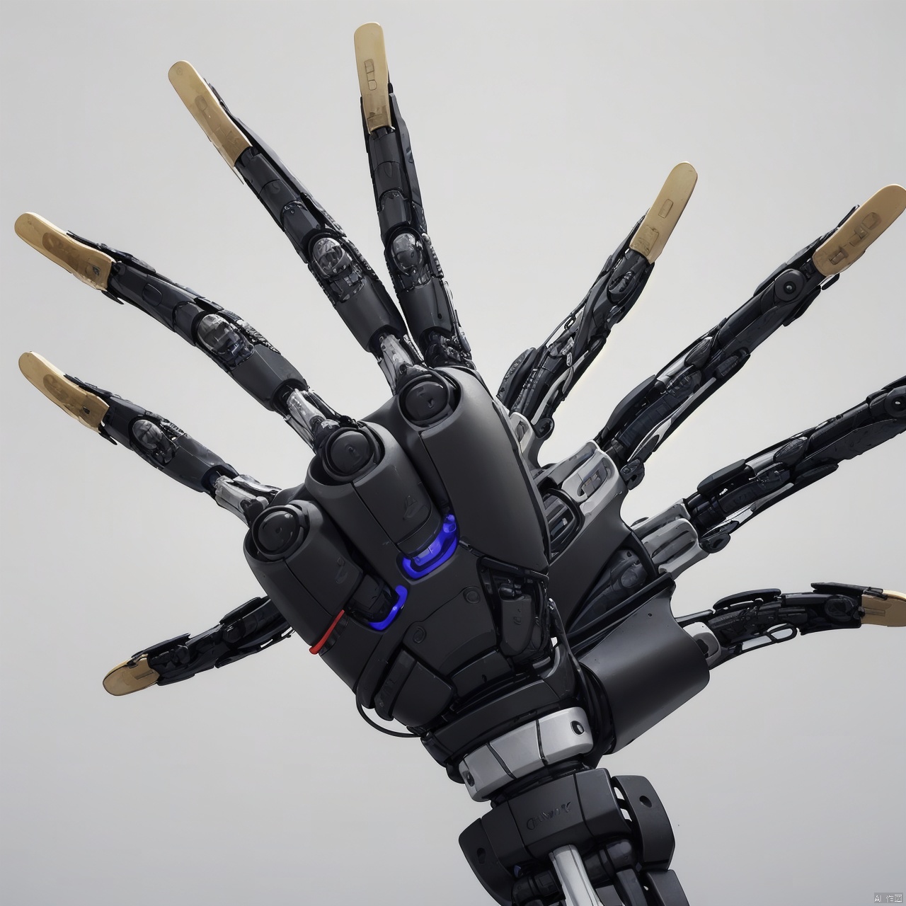  A black robot hand, bionic human bone,Carpal bones, metacarpals, phalanges simple background, white background, English text, logo,..., A robotic prosthesis