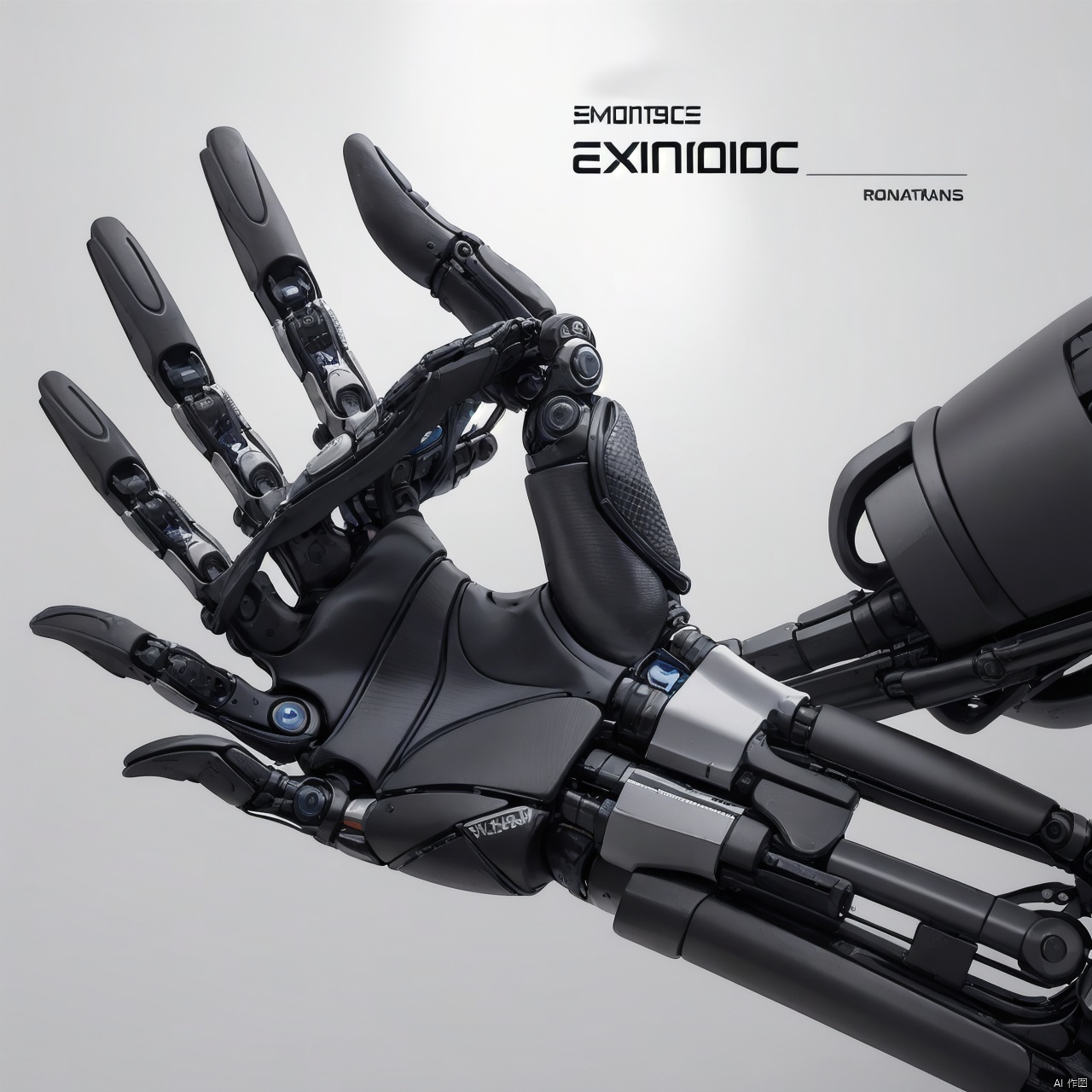  A black robot hand, bionic human bone,Carpal bones, metacarpals, phalanges simple background, white background, English text, logo,..., A robotic prosthesis