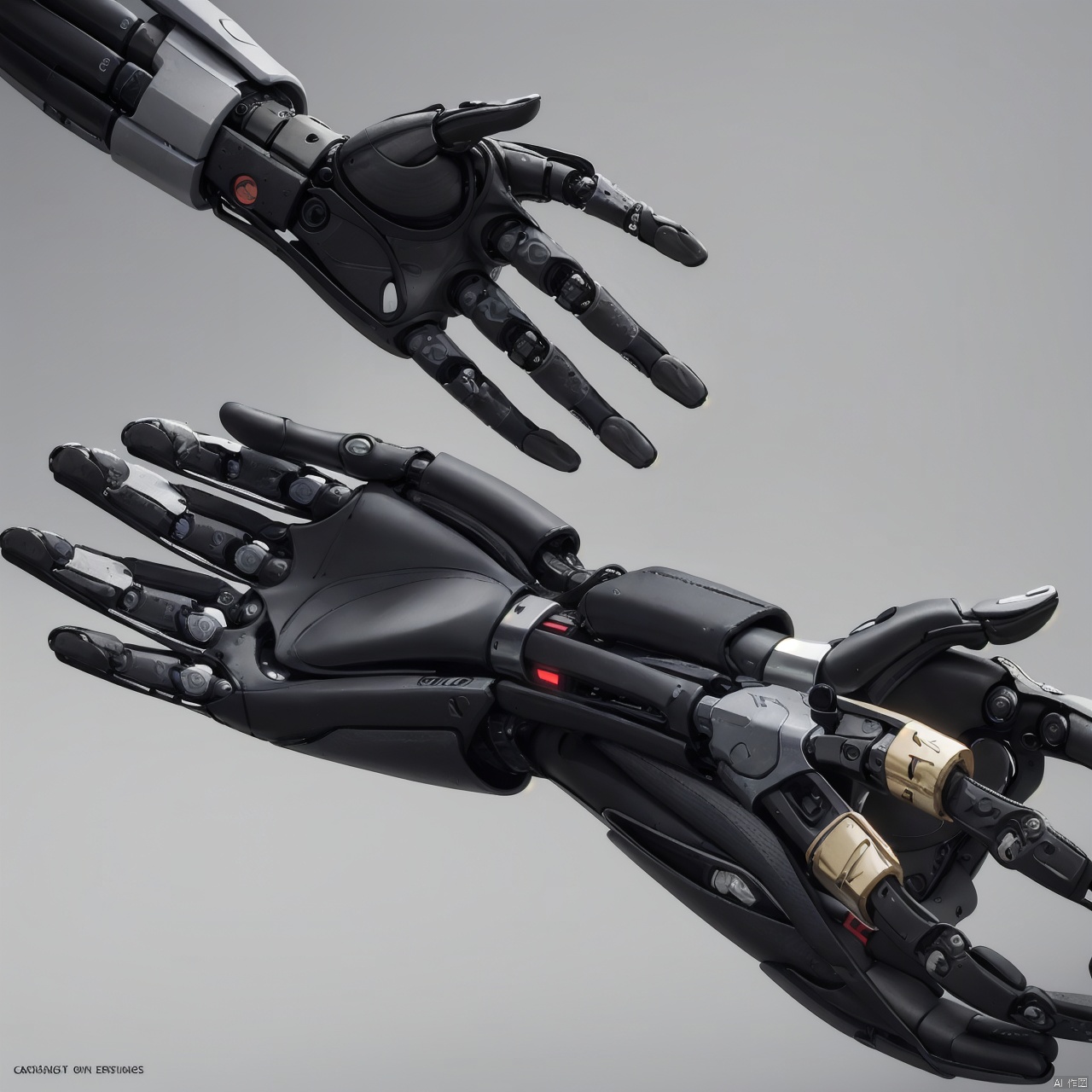  A black robot hand, bionic human bone,Carpal bones, metacarpals, phalanges simple background, white background, English text, logo,..., A robotic prosthesis