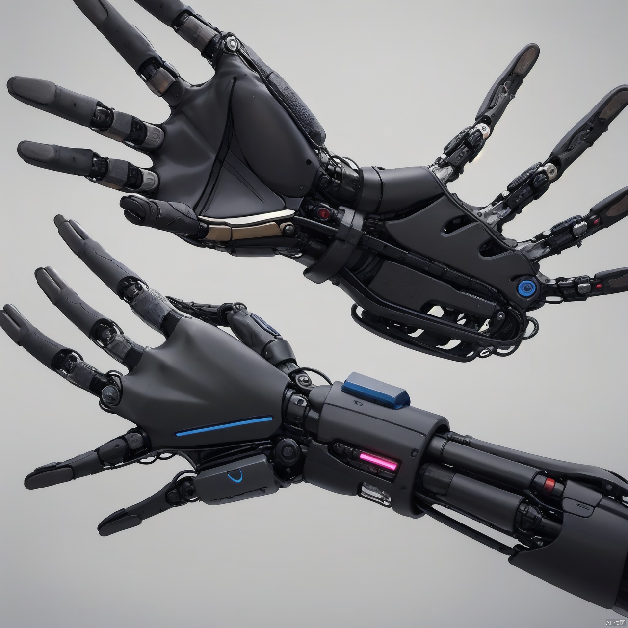  A black robot hand, bionic human bone,Carpal bones, metacarpals, phalanges simple background, white background, English text, logo,..., A robotic prosthesis