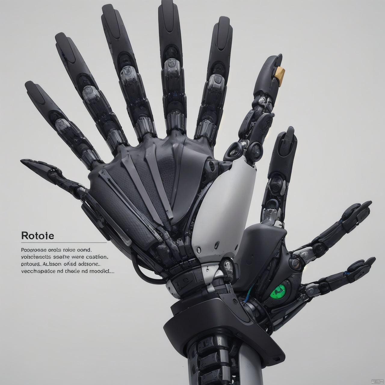  A black robot hand, bionic human bone,Carpal bones, metacarpals, phalanges simple background, white background, English text, logo,..., A robotic prosthesis