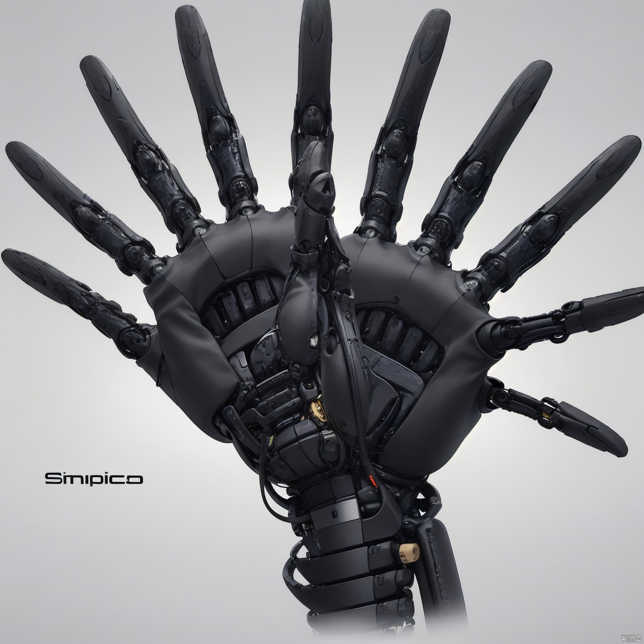  A black robot hand, bionic human bone,Carpal bones, metacarpals, phalanges simple background, white background, English text, logo,..., A robotic prosthesis