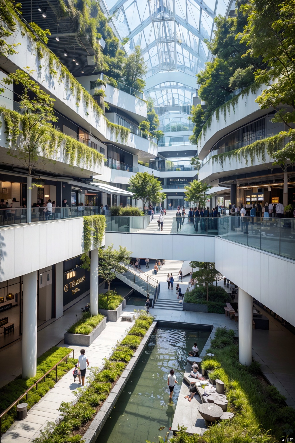  (best quality,4k,8k,highres,masterpiece:1.2), tropical plants,moss,COMMERCIALLANDSCAPE,indoors,future,modern commercial shoppingplace,香蕉树,