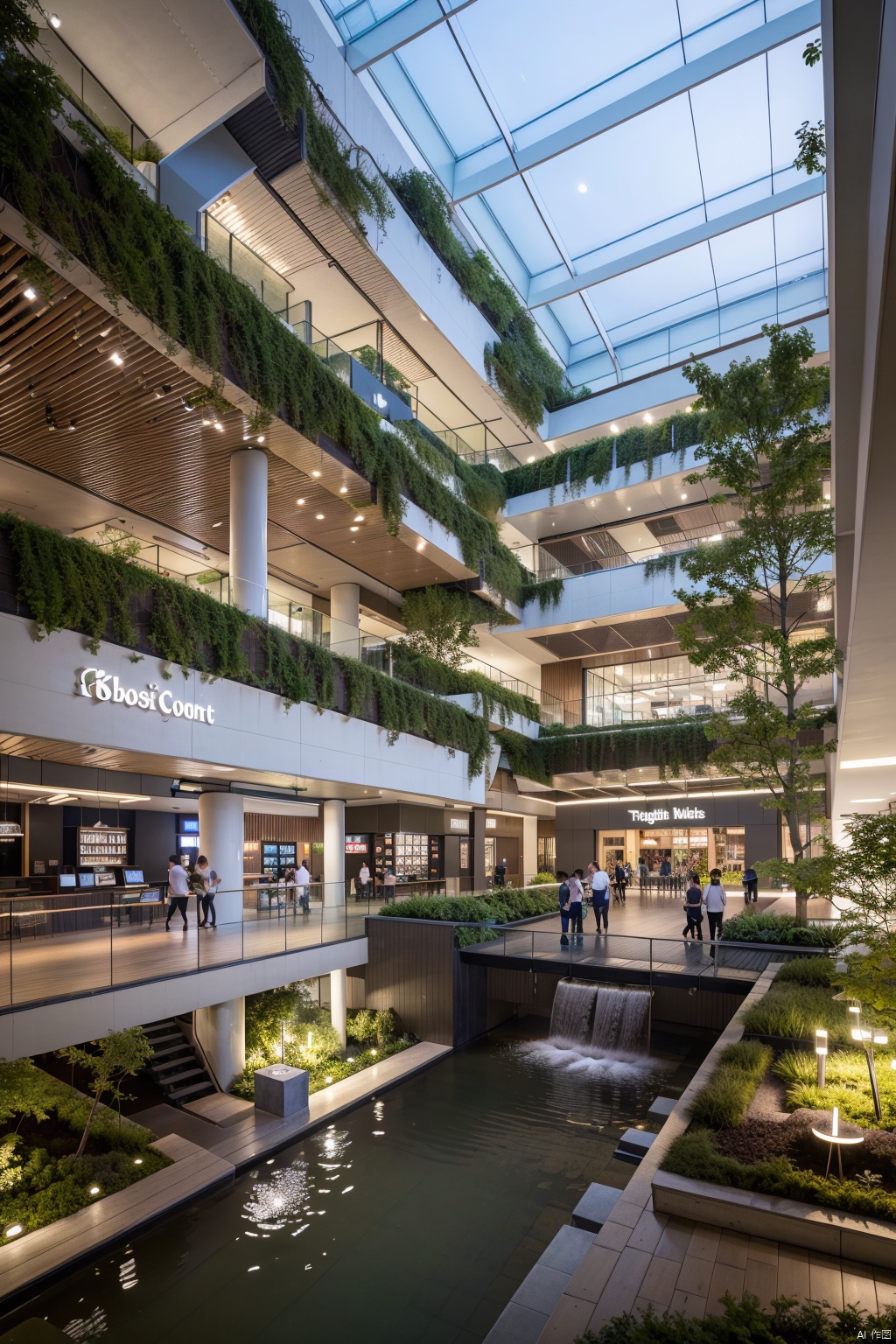 (best quality,4k,8k,highres,masterpiece:1.2), tropical plants,moss,COMMERCIALLANDSCAPE,indoors,future,modern commercial shopping place,香蕉树,