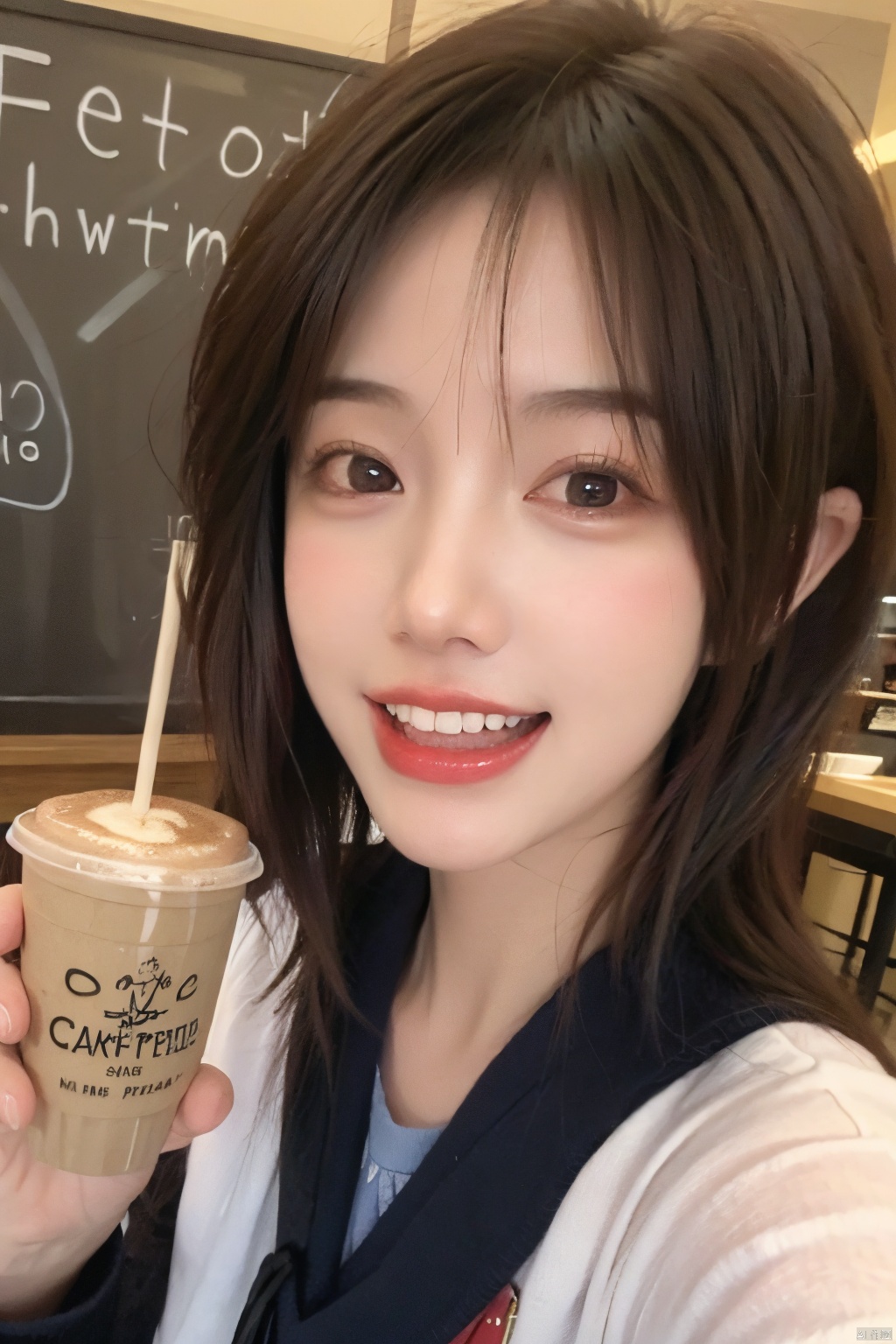  a girl laughing, realistic, portrait,,school_uniform,self_licking,shorthair,coffee shop, ((poakl)),miao