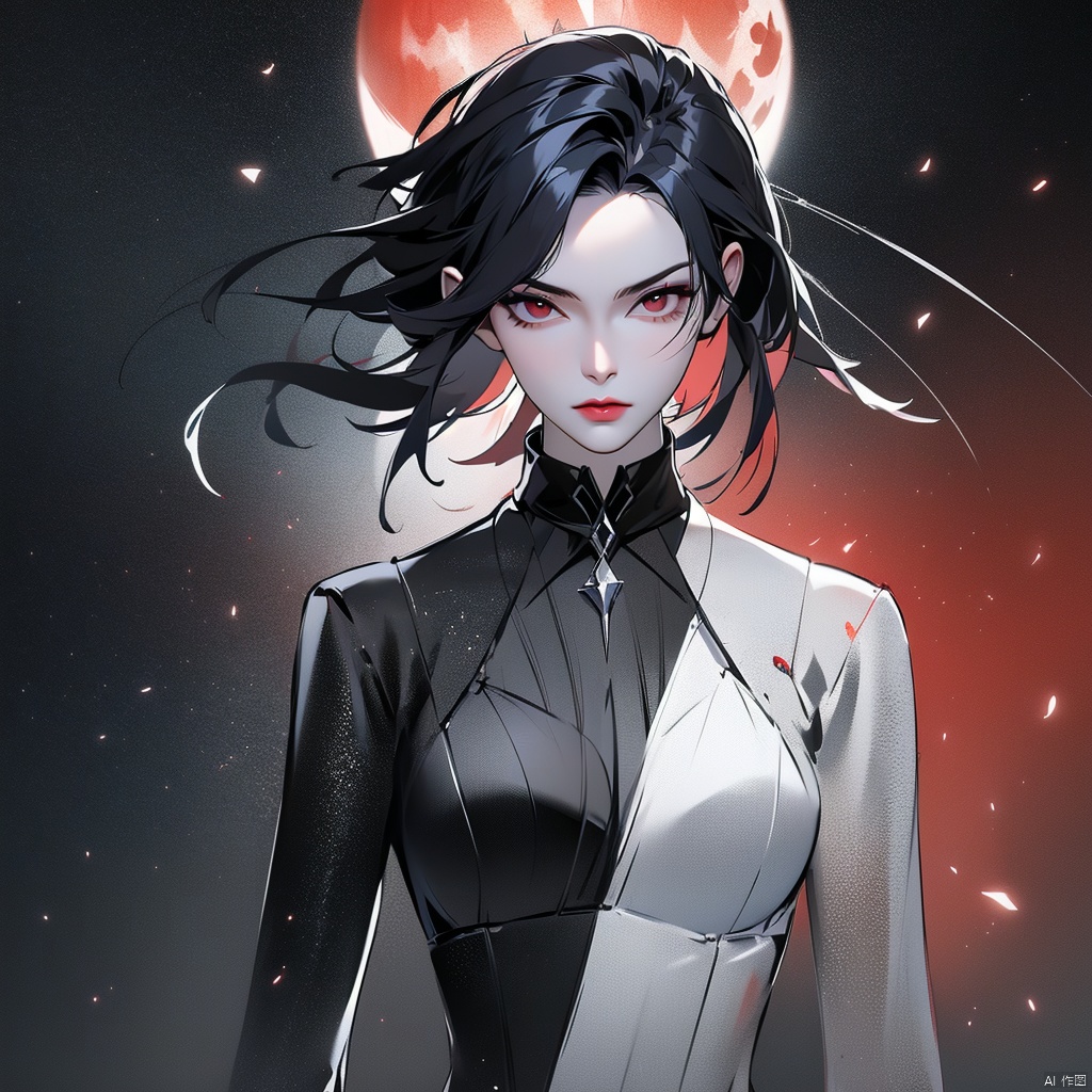 (High quality, high quality, artistic, beautiful, aesthetic: 1.2), girl, Gothic style, real person, shiny black hair, short hair, red eyes, sword eyebrows, sharp eyes, thin and pursed lips, sharp contours, slender figure, indifferent, grand, red moon, war background, half body photo, special effects, ultra clear, hazy,