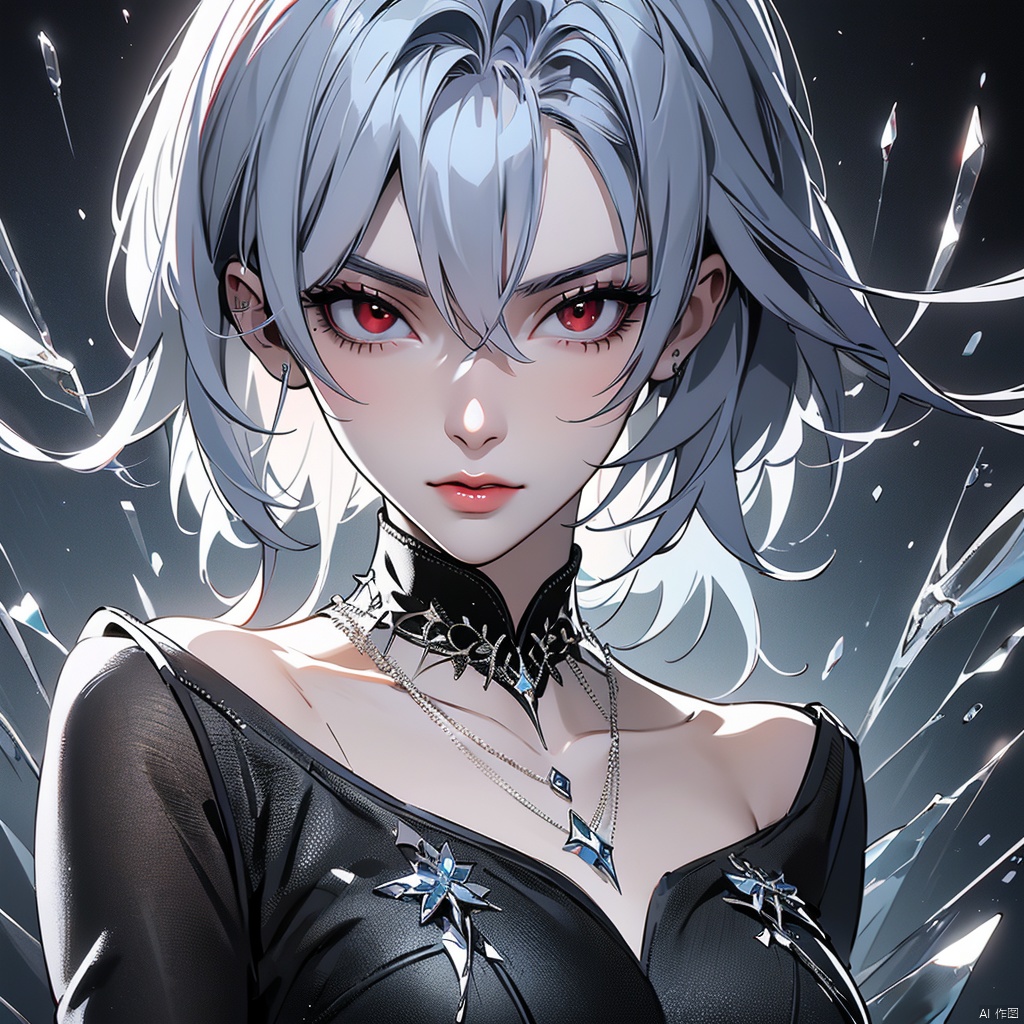(masterpiece),(best quality),(super fine illustration),(beautiful and detailed eyes),{very detailed light},{painting},{{very fine 8K CG wallpaper}},anime,1girl,solo,beautiful detailed ice,beautiful detailed water,ice palace,galaxy,gem,jewelry,necklace,red eyes, sword eyebrows, sharp eyes,Gothic style