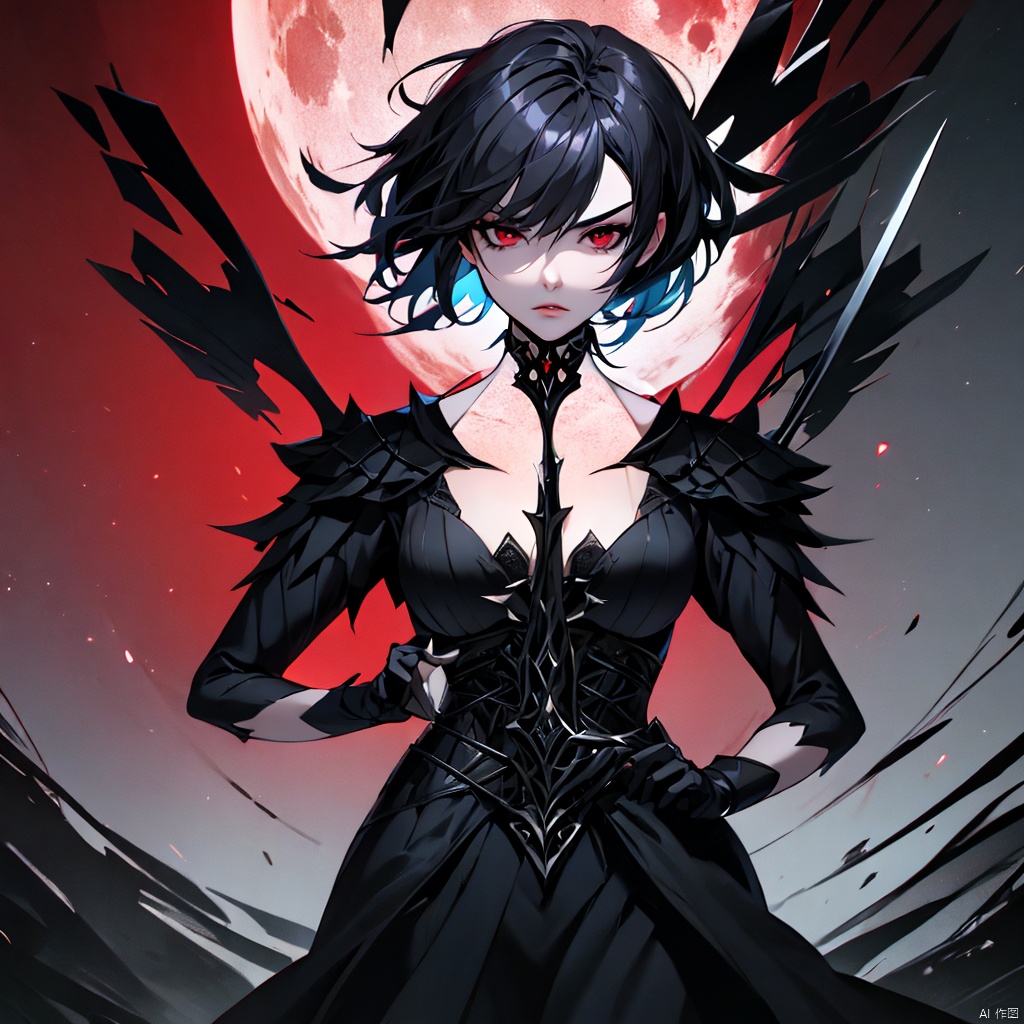 (High quality, high quality, artistic, beautiful, aesthetic: 1.2), girl, Gothic style, 2.5D, shiny black hair, short hair, red eyes, sword eyebrows, sharp eyes, thin and pursed lips, sharp contours, slender figure, indifferent, grand momentum, red moon, war background, half body photo, special effects, ultra clear, hazy,