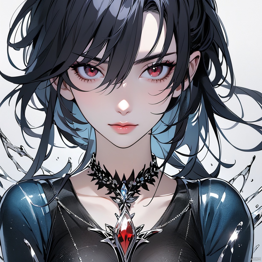 (masterpiece),(best quality),(super fine illustration),(beautiful and detailed eyes),{very detailed light},{painting},{{very fine 8K CG wallpaper}},anime,1girl,solo,beautiful detailed ice,beautiful detailed water,ice palace,galaxy,gem,jewelry,necklace,red eyes, sword eyebrows, sharp eyes,Gothic style,full body