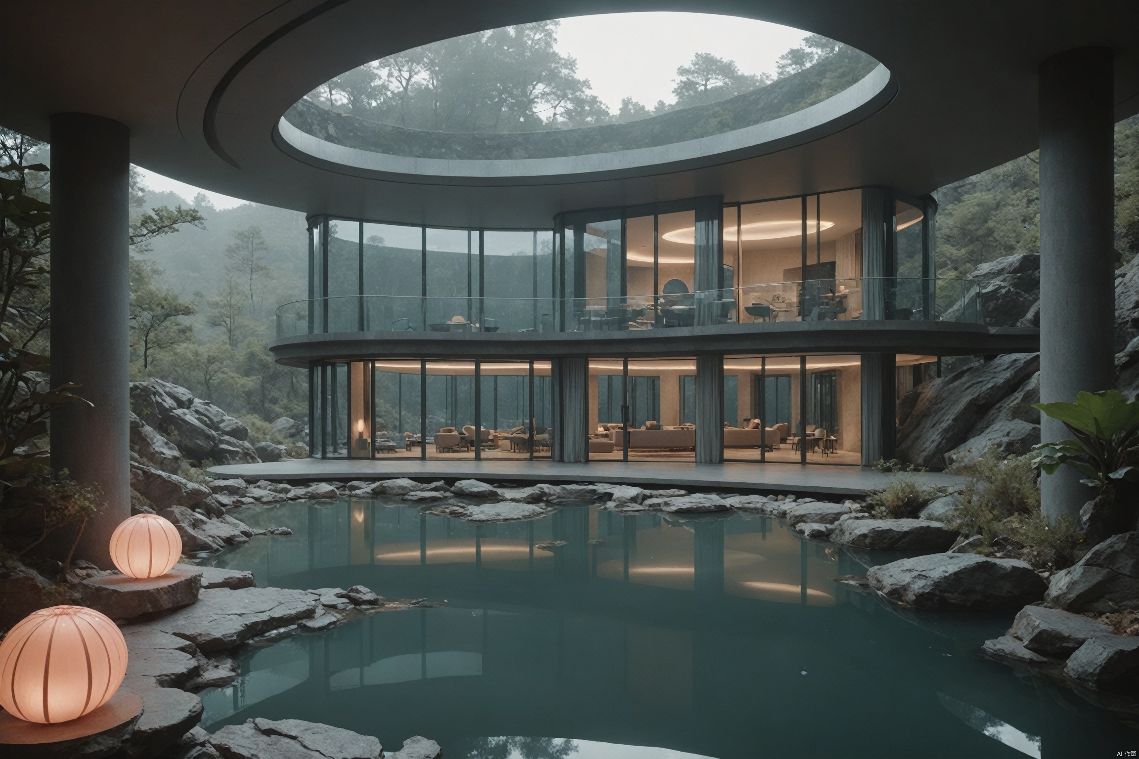  PeachFuzz\(hubg style)\,
Masterpiece, the best quality, stunning details, Enjoy the Future, Cyberpunk 2077 Wide angle, 8k, locally blurred, Lakes, valleys, small rivers, high mountains, weathered granite, Hillside, lakeside, oval shaped building (streamlined, lotus shaped design, transparent exterior, metal frame, glass exterior wall, fish scale decoration, huge), surrounded by forest, decorated with lights, rainy,