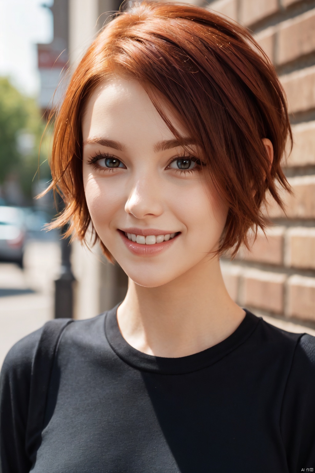 cute redhead woman with asymmetrical pixie hair cut,  smile,  adorable by Tianchimp on Tensor.Art