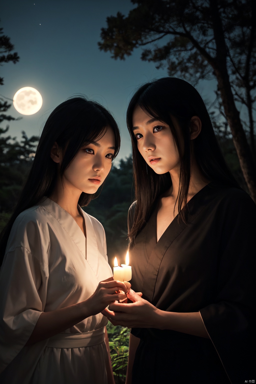 Two young yokai girls,  Inugami and Shirachigo,  stand together in a moonlit forest clearing. Inugami by Tianchimp on Tens...