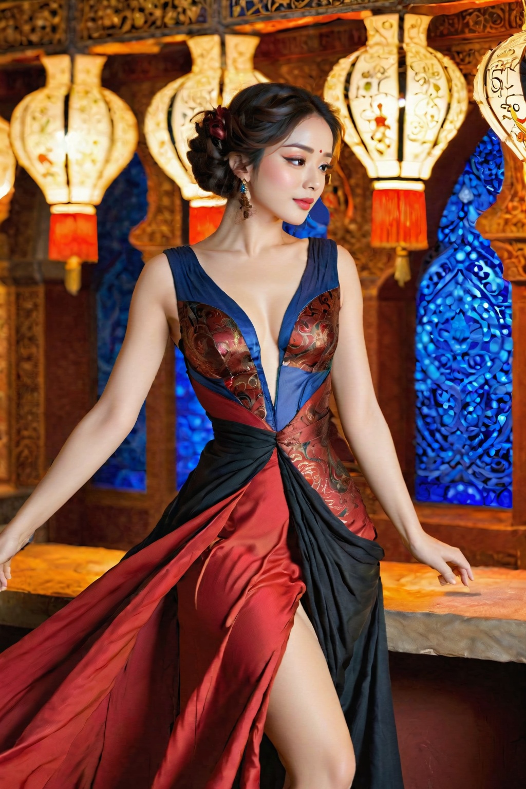 A realistically detailed,  beautiful girl wearing a chic red and black party dress gleams beneath the dynamic shimmer of i...