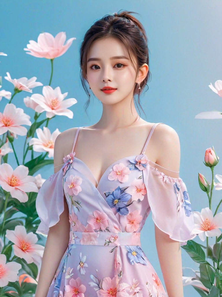 1girl beauty is standing on the flower,  the facial details are perfect,  and the character details are exquisite on Tenso...
