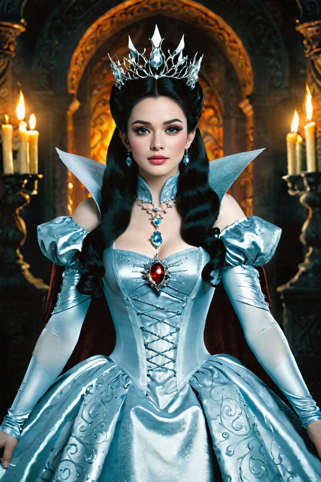 mysterious and enigmatic Glinda the Good Witch,  her wrinkled hands gripping tightly onto the man's shoulders,  her pierci...