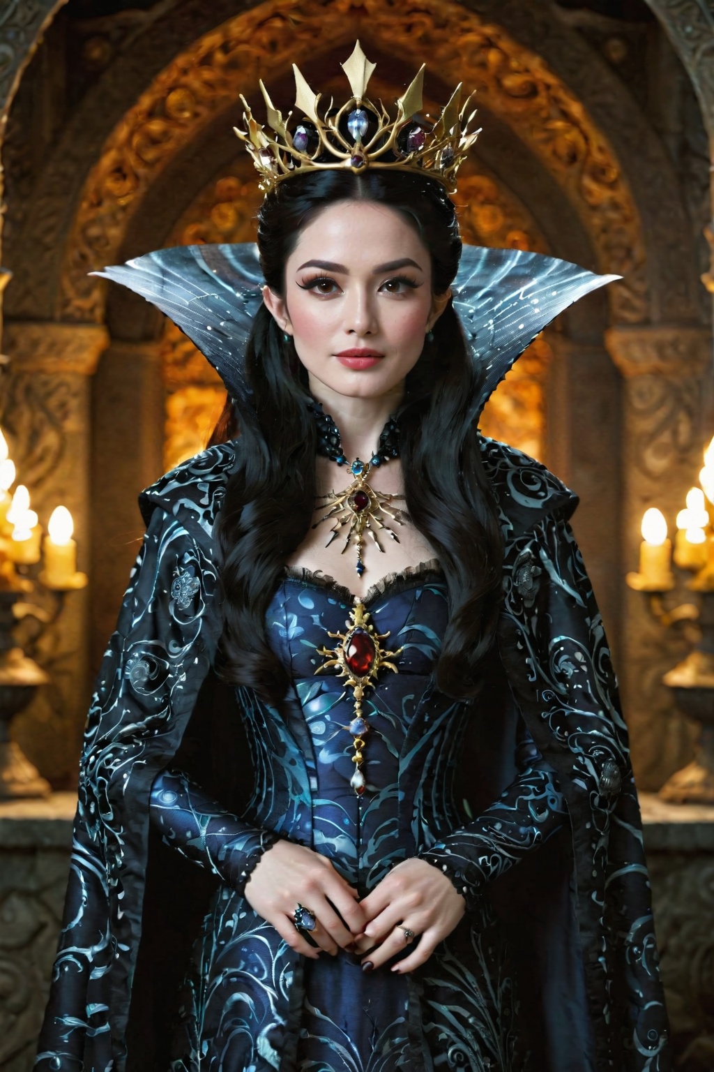 A hauntingly beautiful scene of Glinda the Queen of Oz,  her raven black hair cascading down in symmetrical waves,  adorne...