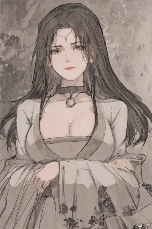  solo,highly detailed,(best quality),((masterpiece)),1girl,black hair,simple_background,long hair,hanfu, peiyuhan,cleavage,evil smile,from below,chain leash, viewer on leash, femdom, shuimobysim,wuchangshuo,bonian,chain leash, viewer holding leash, collar,upper body,