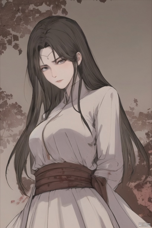 solo,highly detailed,(best quality),((masterpiece)),1girl,black hair,simple_background,long hair,hanfu, peiyuhan,evil smile,from below,upper_body,taunting,scornful,haughty,evil,from below,(arms behind back),(blood),killing,heretical sect,sacrifice,