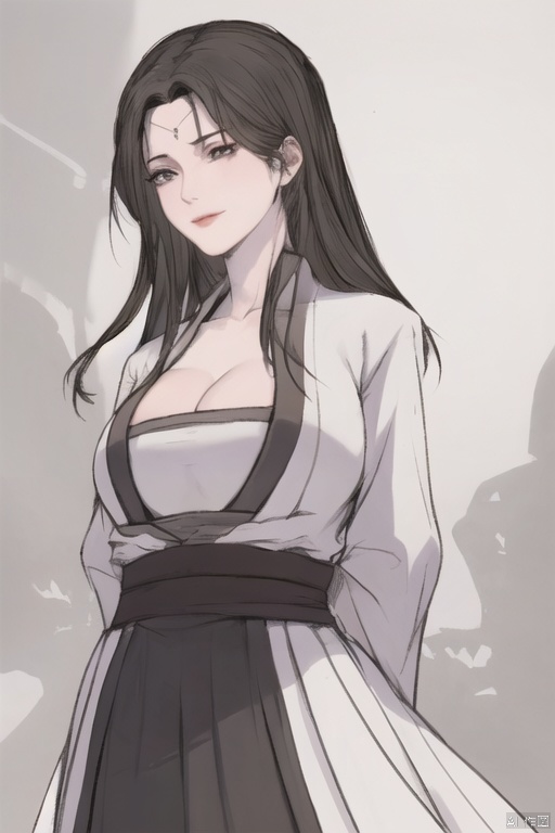  solo,highly detailed,(best quality),((masterpiece)),1girl,black hair,simple_background,long hair,big_breasts,peiyuhan,cleavage,white cloth,hanfu,(evil smile),upper_body,taunting,scornful,haughty,(evil),(from below),(arms behind back),devil,hanfu,