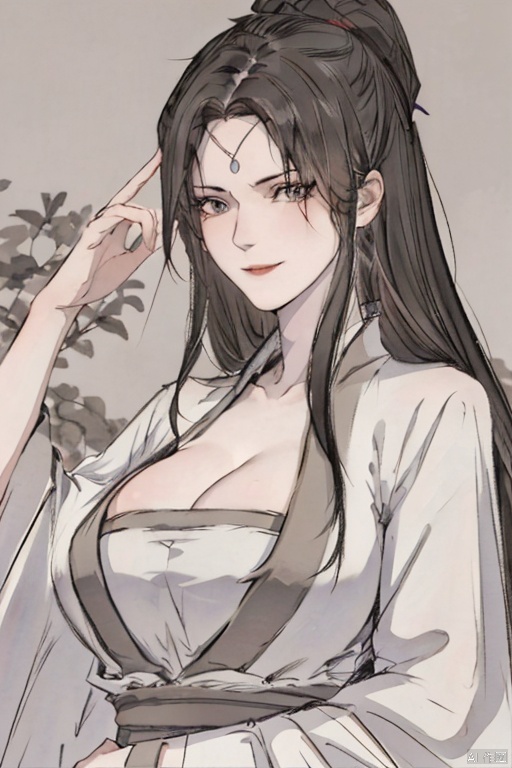  solo,highly detailed,(best quality),((masterpiece)),1girl,black hair,simple_background,long hair,hanfu, peiyuhan,cleavage,evil smile,upper body,taunting,scornful,haughty,evil,from below, shuimobysim,