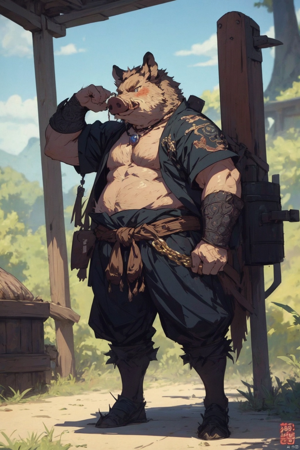 镜头质量：Bestquality,8k,(((masterpiece))),((bestquality)),
镜头位置：(full_body:1.2),
人物：,1boy,
环境背景：
图像风格：
提示词：, wild boar_zhuyao