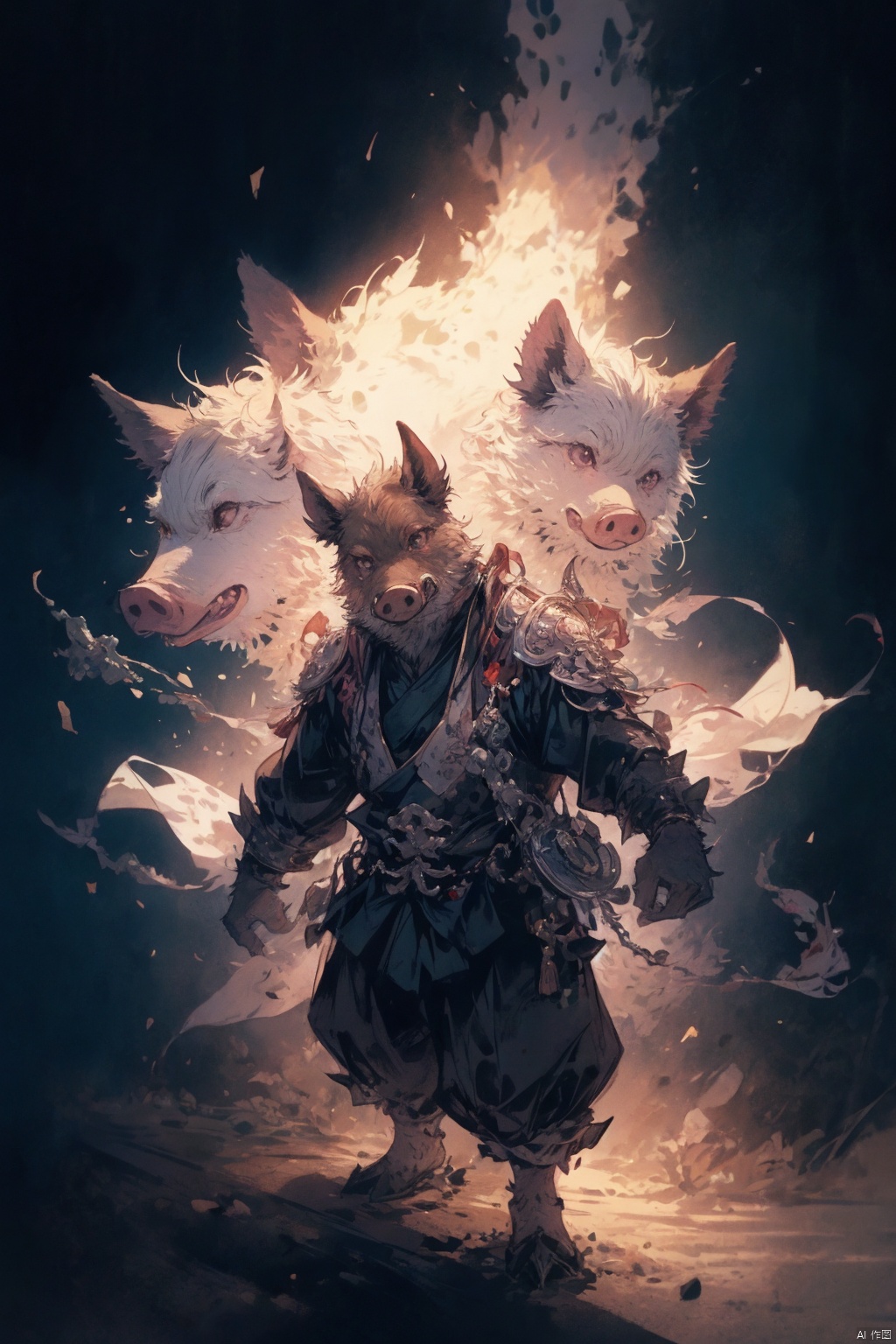 镜头质量：Bestquality,8k,(((masterpiece))),((bestquality)),
镜头位置：(full_body:1.2),
人物：,1boy,
环境背景：
图像风格：
提示词：, wild boar_zhuyao