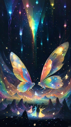 In this strange world, you encounter a group of flying creatures that sparkle with rainbow light, they are made of notes and musical beats, and their flying makes beautiful music. These creatures take you into a vast musical cave where notes dance through the air, creating a feast of light and sound