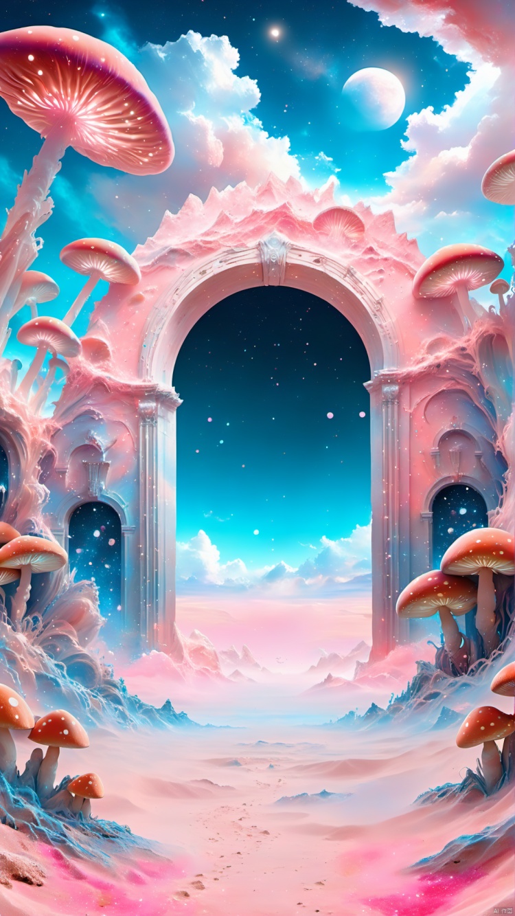  (Magic Universe, Fantasy Style :1.5) (Complex Detail) (Advanced Color) (Science Fiction Concept Light) You decide to walk through this door and arrive at a strange world completely different. The sky of this world is pink, and the clouds are twinkling crystals floating in the sky. The ground is soft pink sand, and the sand is filled with colorful giant mushrooms, each with its own emotions and thoughts