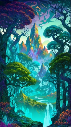  (Fantasy style: 1.5) Object perspective, changeable colors (Fantasy Architectural World) Hyper-realistic style (intricate details) A psychedelic forest sea lives among the peaks of the Soul Mountain. The trees are like mysterious veins of life, spreading from the foot of the mountain to Mountain top. This forest is full of exotic plants that sway in the breeze, adding a layer of mysterious vitality to the entire mountain range.