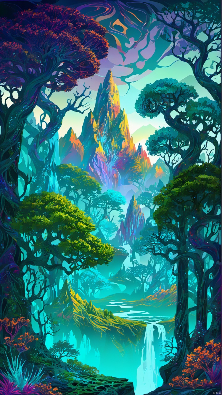  (Fantasy style: 1.5) Object perspective, changeable colors (Fantasy Architectural World) Hyper-realistic style (intricate details) A psychedelic forest sea lives among the peaks of the Soul Mountain. The trees are like mysterious veins of life, spreading from the foot of the mountain to Mountain top. This forest is full of exotic plants that sway in the breeze, adding a layer of mysterious vitality to the entire mountain range.