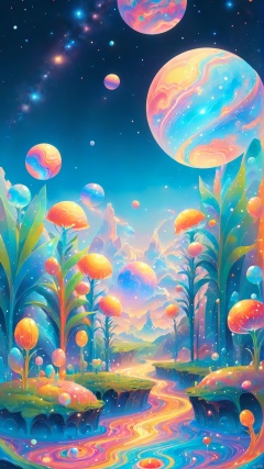 (Magic Universe, Fantasy Style :1.5) Small perspective, look at the universe, candy planet, magic plants outside the planet