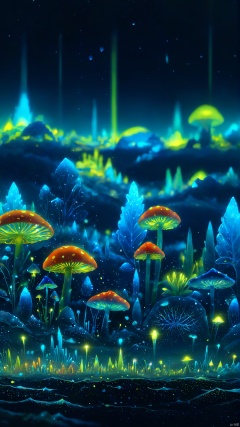  This picture is a projection of a microscopic world. At night in the city of shimmering light, tiny creatures and giant mushrooms emit soft fluorescence. It’s like a microscopic version of the city skyline. These light points emit colorful brilliance, twinkling like stars, microscopic water droplets, the bodies of microorganisms emit a shimmer, tiny water waves rise in the shimmer, and the tiny microorganisms inside the water droplets also shimmer like shimmering particles, creating a Uncover the magical beauty of the microscopic underwater world