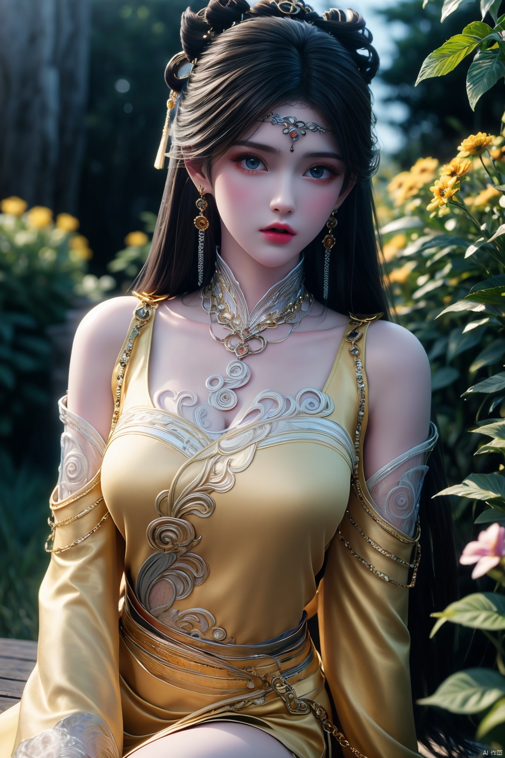  (8k, RAW photo, masterpiece:1.2),solo,
(super realistic, photo-realistic:1.3),ultra-detailed,extremely detailed cg 8k wallpaper,hatching (texture),skin gloss,light persona,perfect body,
(crystalstexture skin:1.2),(extremely delicate and beautiful),arms at sides, bare shoulders, black hair, breasts, chinese clothes, circlet, detached sleeves, gem, hair ornament, jewelry, lipstick, long hair, long sleeves, looking at viewer, makeup, medium breasts, necklace, see-through, solo,bun, Light golden dress, hair ornament, Light blue eyes, Forehead ornaments, Earrings,Cinematic Lighting,((hyperrealistic)),garden,outdoors,flower field,flower sea,Dreamy forest,flowers meadows,dynamic pose,dynamic angle, ((poakl)), JPE,(Above calf:1.4),closed mouth,light yellow flats,gold,huge flowers, sitting on the edge of the pool,