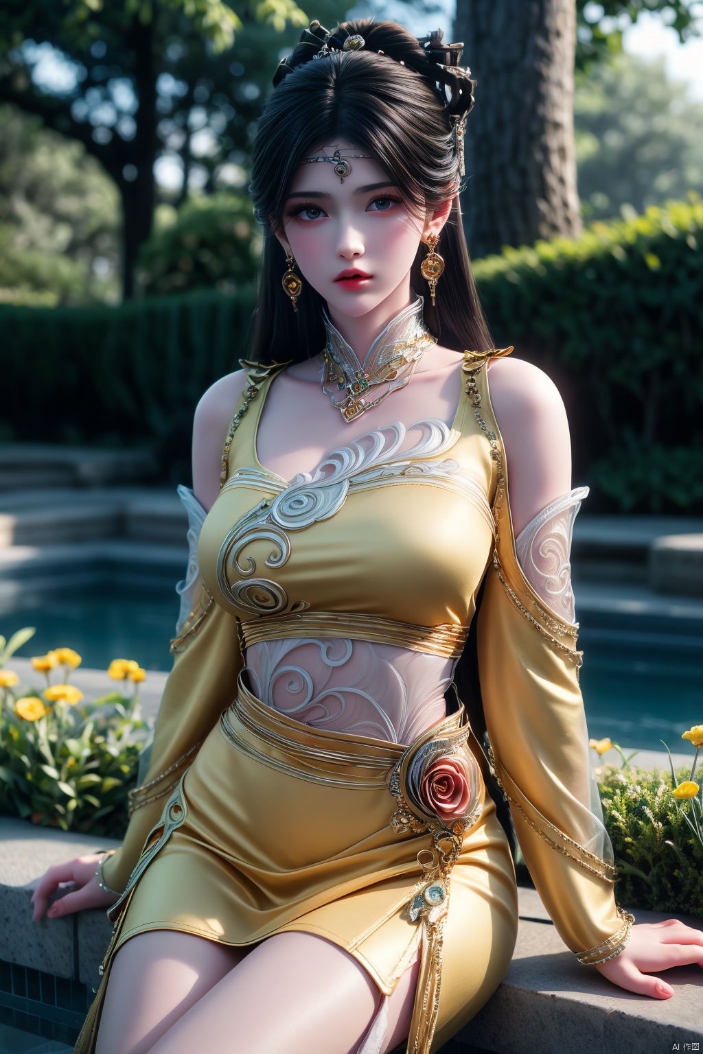  (8k, RAW photo, masterpiece:1.2),solo,
(super realistic, photo-realistic:1.3),ultra-detailed,extremely detailed cg 8k wallpaper,hatching (texture),skin gloss,light persona,perfect body,
(crystalstexture skin:1.2),(extremely delicate and beautiful),arms at sides, bare shoulders, black hair, breasts, chinese clothes, circlet, detached sleeves, gem, hair ornament, jewelry, lipstick, long hair, long sleeves, looking at viewer, makeup, medium breasts, necklace, see-through, solo,bun, Light golden dress, hair ornament, Light blue eyes, Forehead ornaments, Earrings,Cinematic Lighting,((hyperrealistic)),garden,outdoors,flower field,flower sea,Dreamy forest,flowers meadows,dynamic pose,dynamic angle, ((poakl)), JPE,(Above calf:1.4),closed mouth,light yellow flats,gold,huge flowers, sitting on the edge of the pool,
