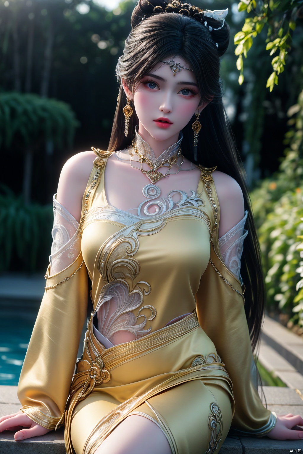  (8k, RAW photo, masterpiece:1.2),solo,
(super realistic, photo-realistic:1.3),ultra-detailed,extremely detailed cg 8k wallpaper,hatching (texture),skin gloss,light persona,perfect body,
(crystalstexture skin:1.2),(extremely delicate and beautiful),arms at sides, bare shoulders, black hair, breasts, chinese clothes, circlet, detached sleeves, gem, hair ornament, jewelry, lipstick, long hair, long sleeves, looking at viewer, makeup, medium breasts, necklace, see-through, solo,bun, Light golden dress, hair ornament, Light blue eyes, Forehead ornaments, Earrings,Cinematic Lighting,((hyperrealistic)),garden,outdoors,flower field,flower sea,Dreamy forest,flowers meadows,dynamic pose,dynamic angle, ((poakl)), JPE,(Above calf:1.4),closed mouth,light yellow flats,gold,huge flowers, sitting on the edge of the pool,