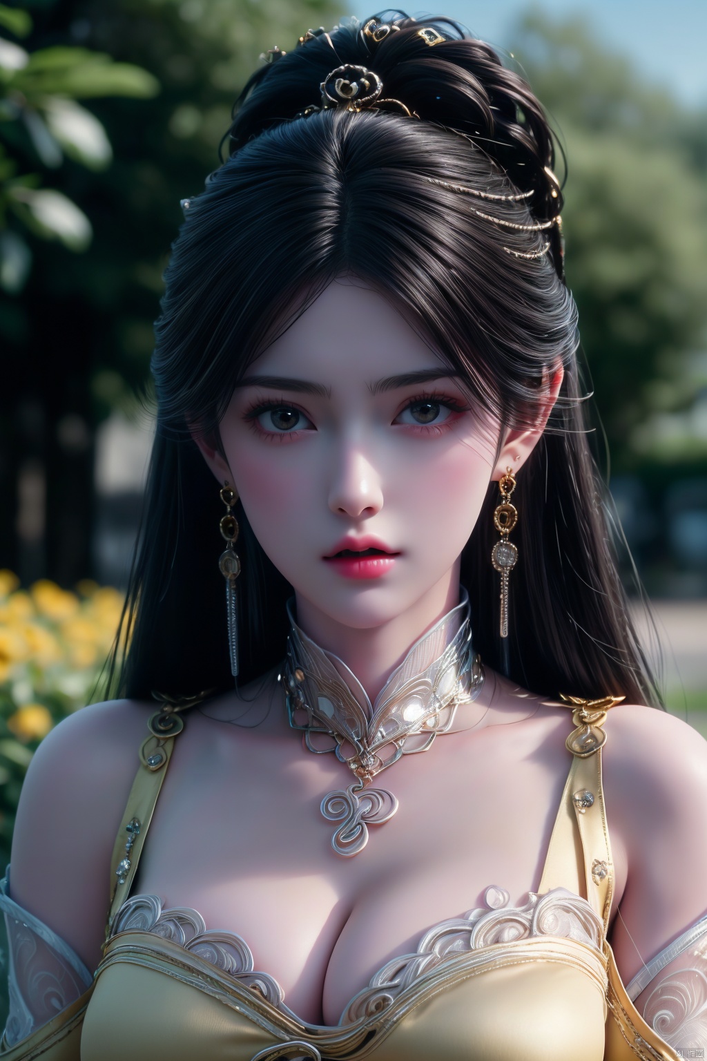  (8k, RAW photo, masterpiece:1.2),solo,
(super realistic, photo-realistic:1.3),ultra-detailed,extremely detailed cg 8k wallpaper,hatching (texture),skin gloss,light persona,perfect body,
(crystalstexture skin:1.2),(extremely delicate and beautiful),(standing),(((portrait))),pale skin,
1girl,very long hair,bare shoulders,jewelry,earrings,( pov:1.2),necklace,hair ornament,dress,1lthd,
(breasts,medium breasts,cleavage:1.6),looking_at_viewer,high_contrast,cinematic_lighting,Cinematic Lighting,((hyperrealistic)),garden,outdoors,flower field,flower sea,Dreamy forest,flowers meadows,dynamic pose,dynamic angle, ((poakl)), xiaqingyue, JPE