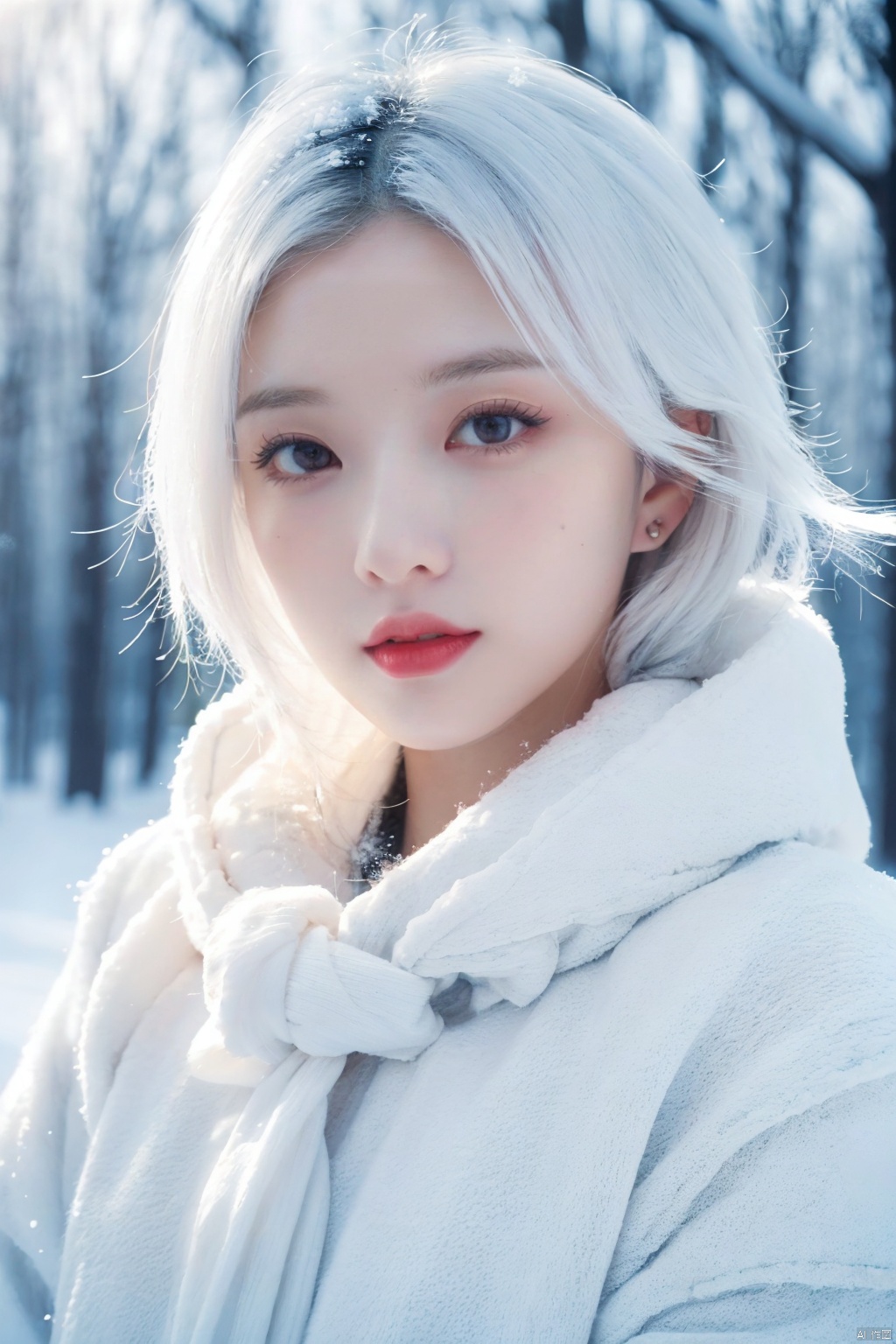  Illustrate a girl with the power of ice, featuring ice-white hair and clothing, set in a snowy landscape. Emphasize (((intricate details))), (((highest quality))), (((extreme detail quality))), and a (((captivating winter composition))). Use a palette of cool blues and whites, drawing inspiration from artists like Artgerm, Sakimichan, and Stanley Lau,midjourney exhibitionism,