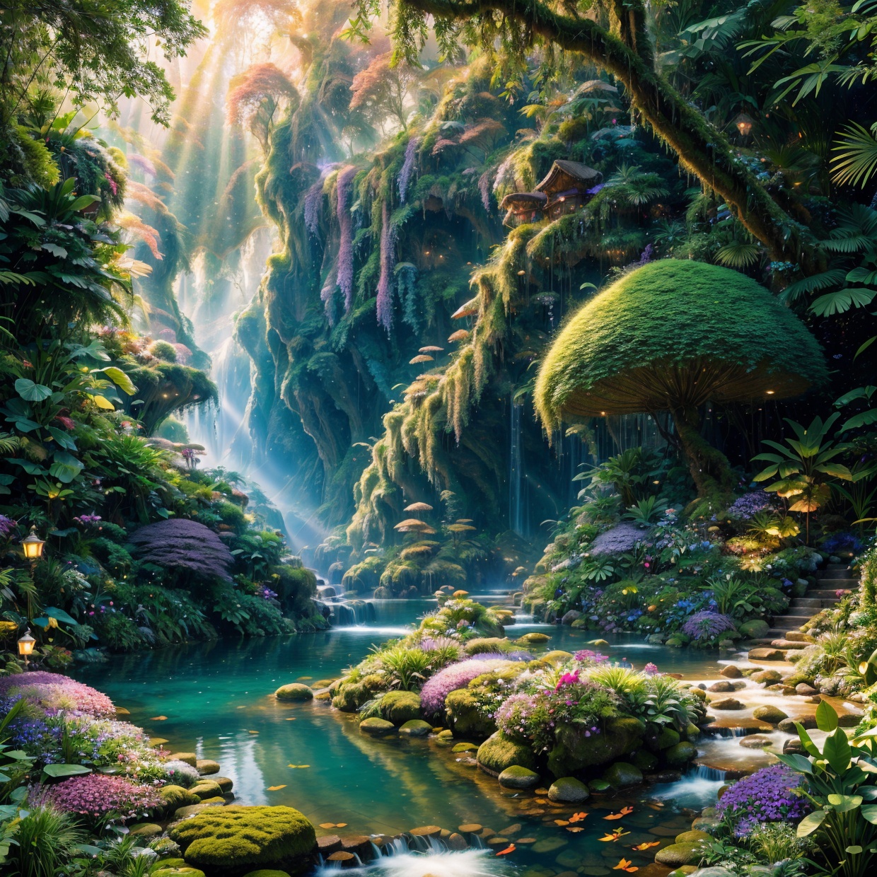 ultra-detailed,  beautiful wild and natural fantasy landscape with glowing lights,  enchanted forest on Tensor.Art